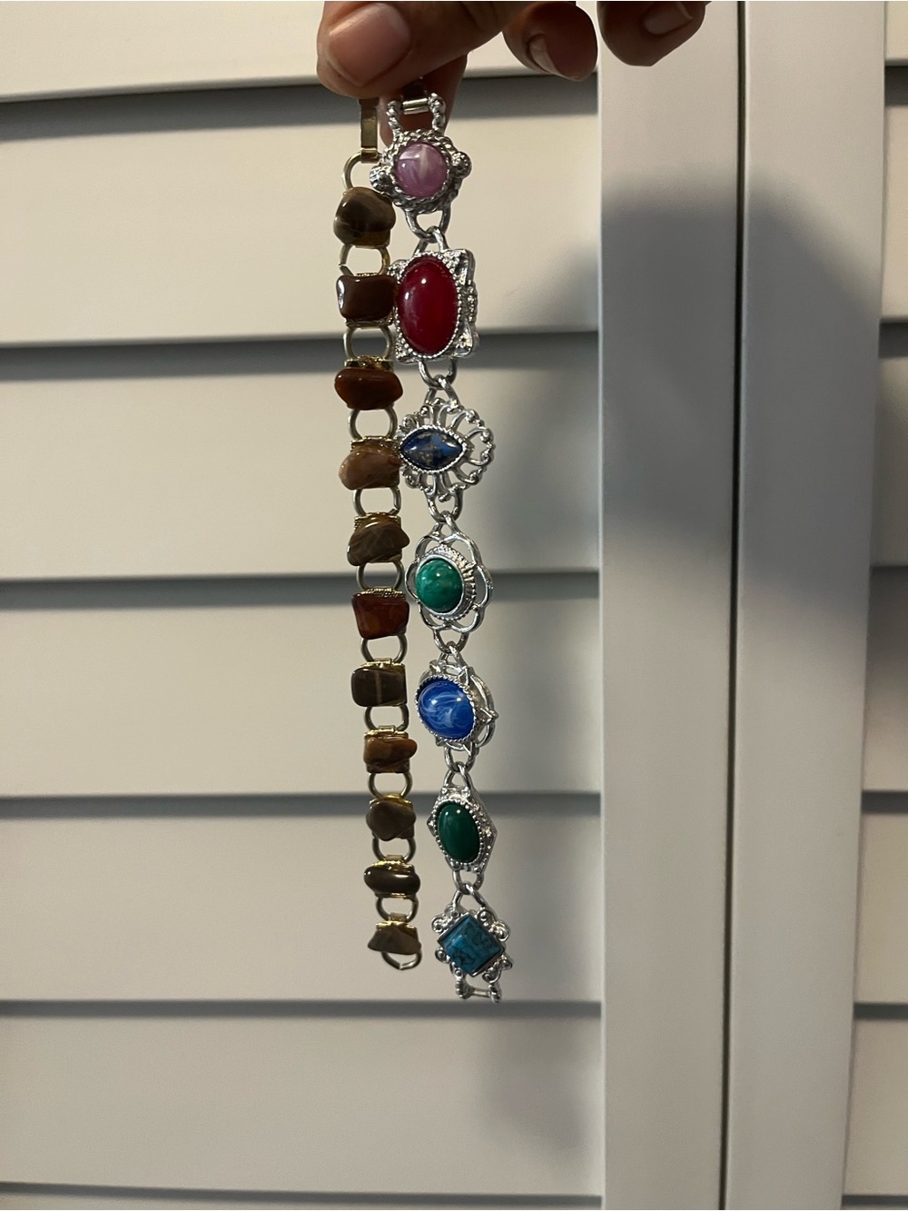 2Pc Silver Multi-Stone Link Bracelet - Colorful Gem Accents